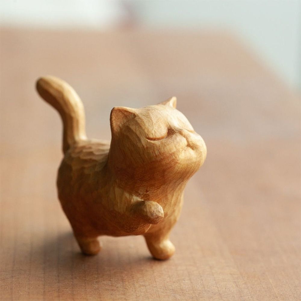 1PC Wooden Cat Ornament Mini S - Desk Setup Nature recension och pris